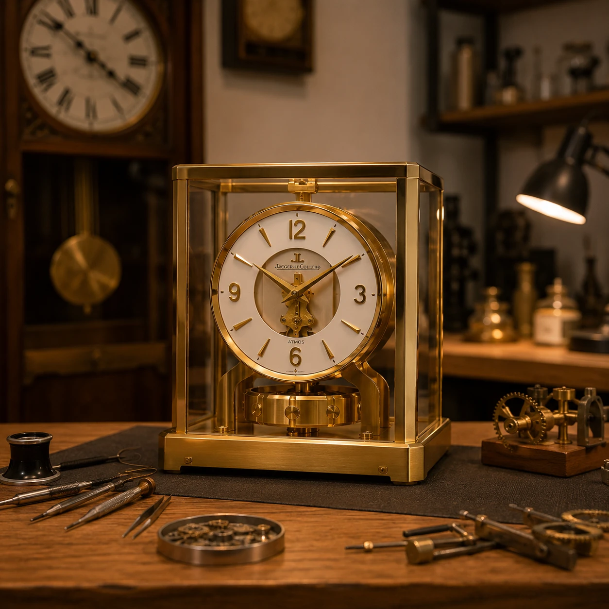Pendule Atmos Jaeger-LeCoultre en cours de révision à l'atelier